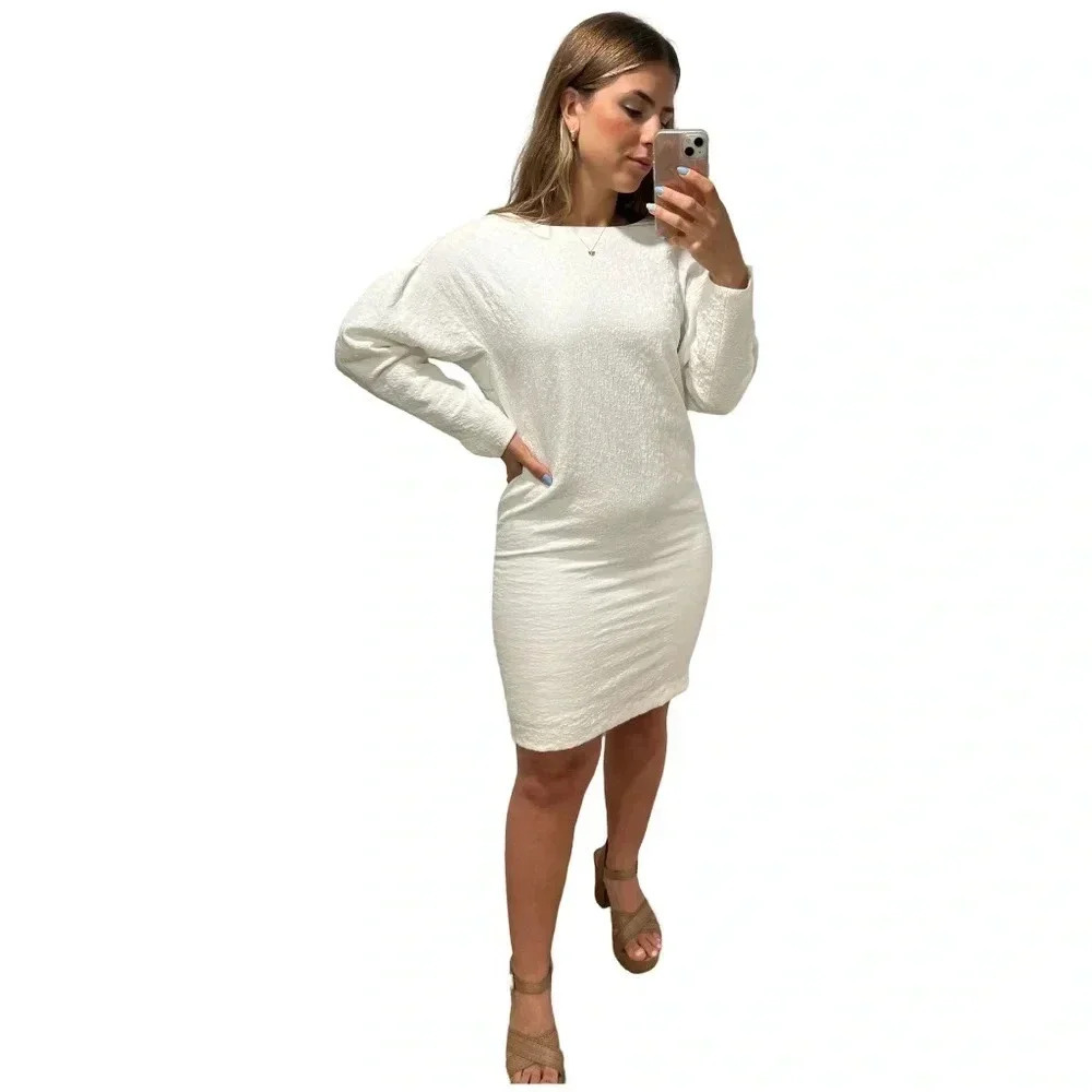 Selected Femme White Mini Textured Dress With Balloon Sleeves | Size Small